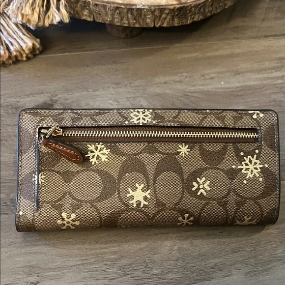 Coach Brown Signature Continental Wallet with Gold Snowflake Motif - Picture 3 of 6